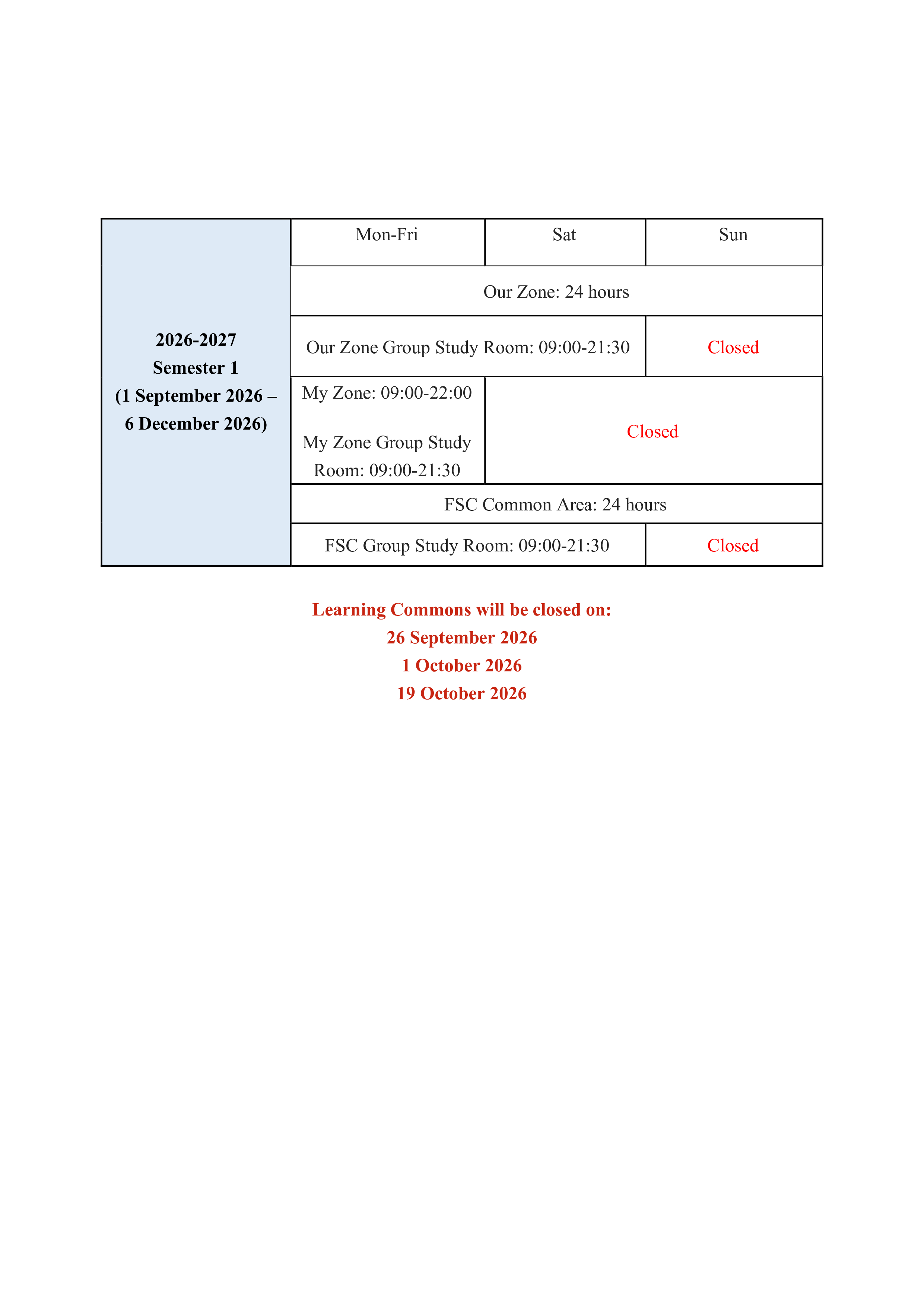 Learning Commons Opening Hours During 2026-2027 First Semester_for AEM