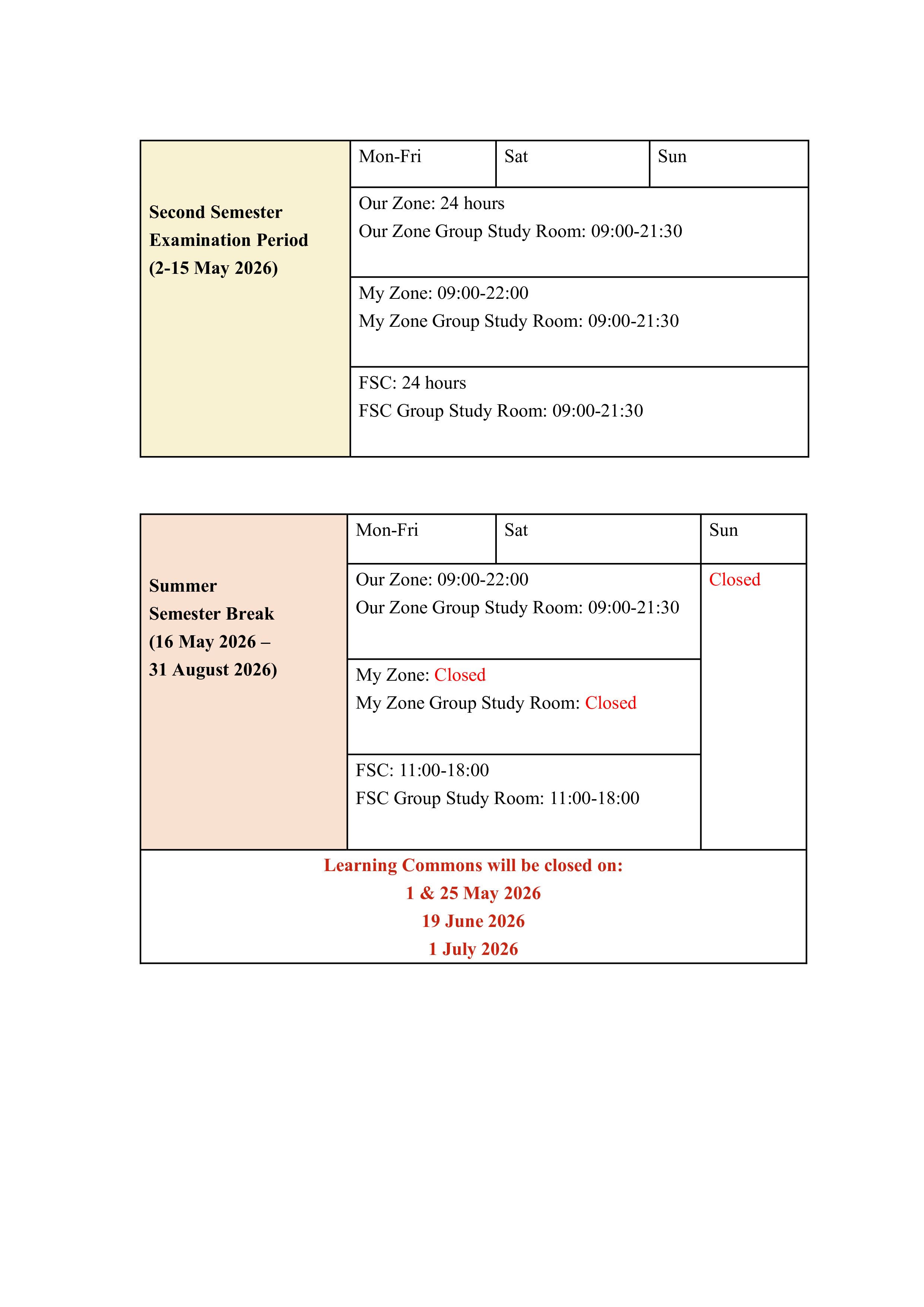 Learning Commons Opening Hours During Second Semester Examinations and Summer Semester Break 2526 AEM